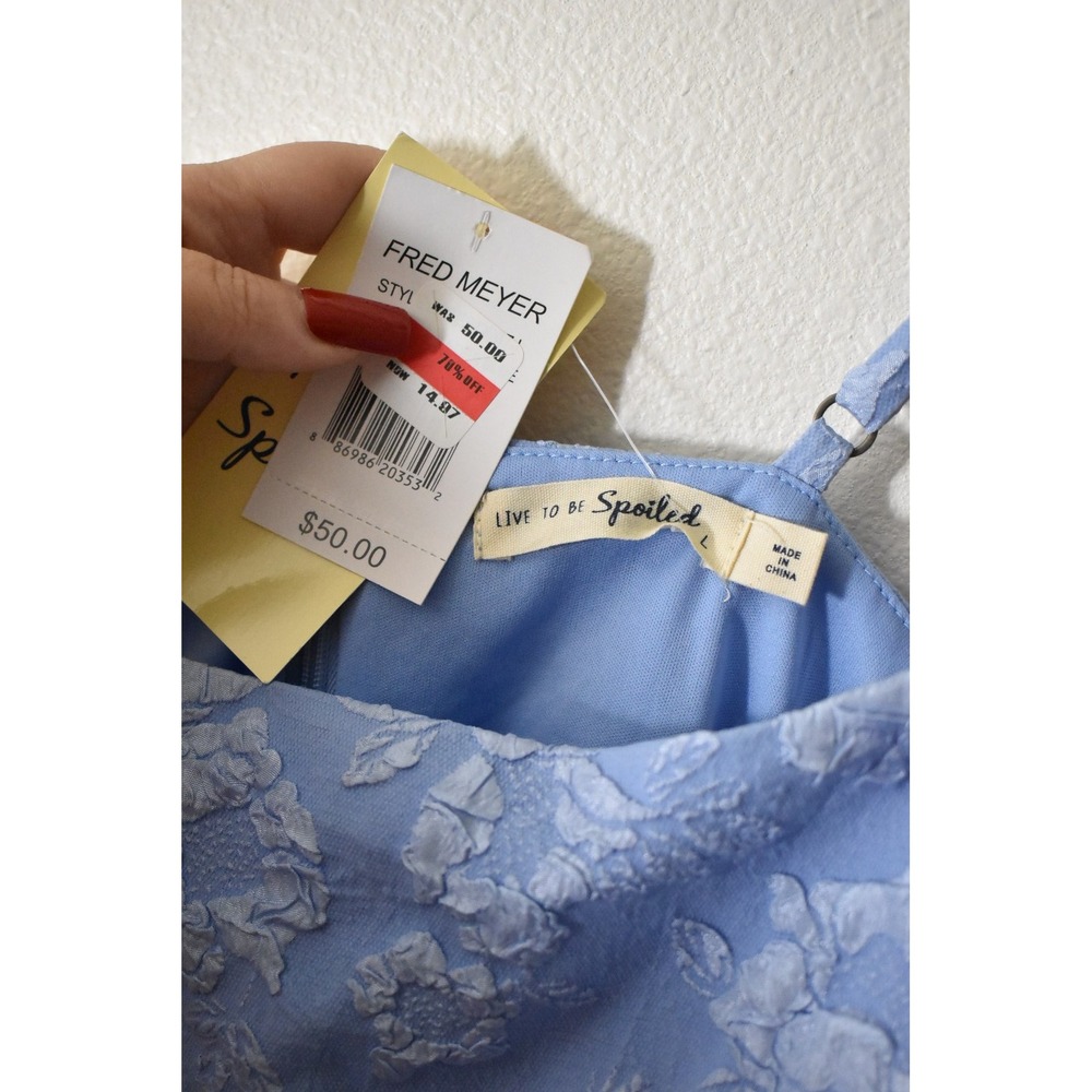 Live To Be Spoiled Mini Dress Women Large Blue NEW Floral Lace Adjustable Straps - Picture 6 of 7